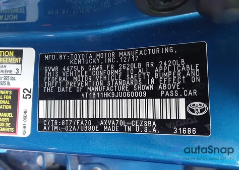 2018 Toyota Camry Se из США, поврежденный, VIN 4T1B11HK9JU060009